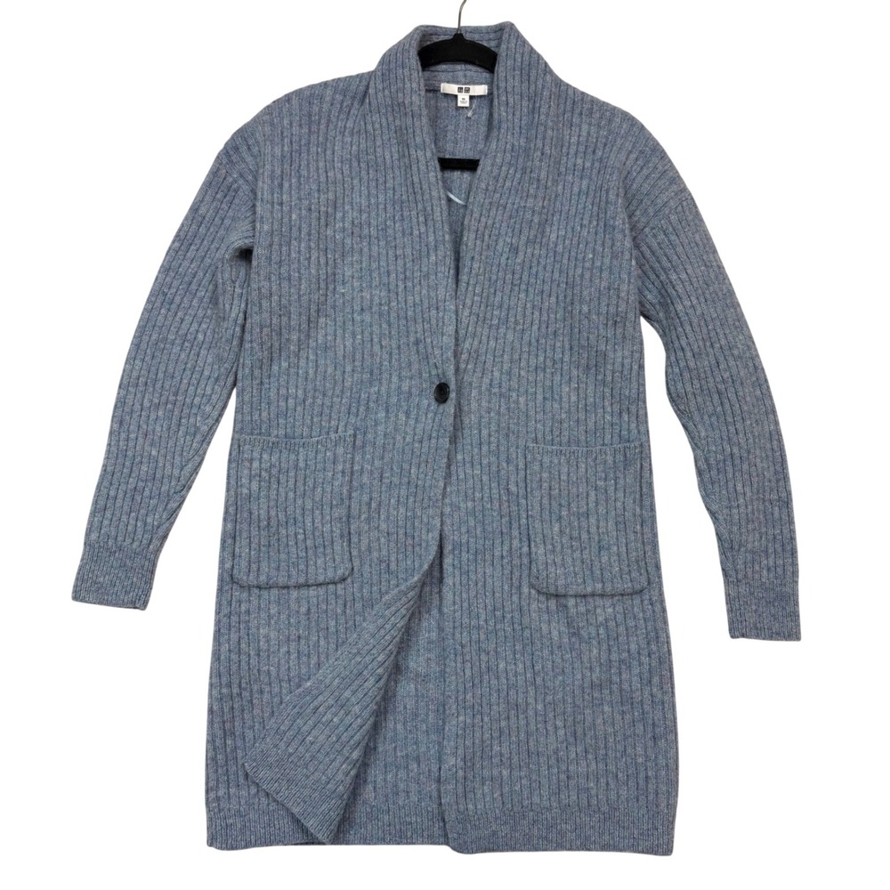 Uniqlo Blue 100% Wool Ribbed Shawl Collar Long Cardigan Sweater Size XS